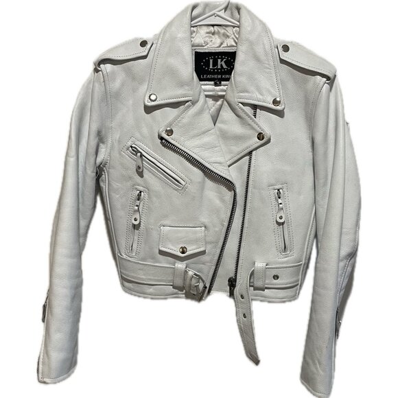 Womens White Genuine Leather Jacket Leather King Motocycle Belted S
